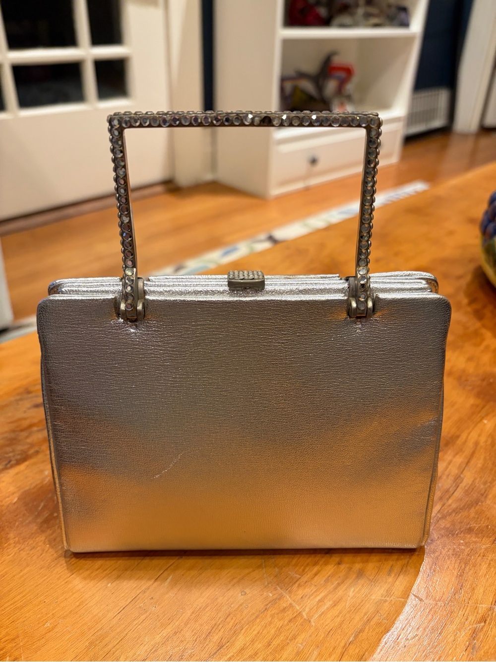 Judith Leiber Metallic Silver Rhinestone-Handle Top-Handle Clutch